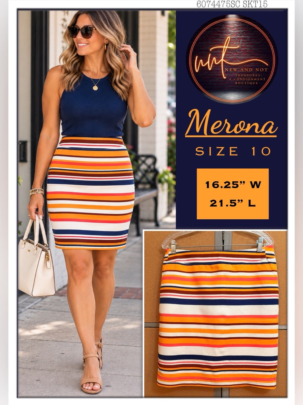 Merona  Size 10 Striped Pencil Skirt Stretch Cotton Multicolor Navy Orange Fun
